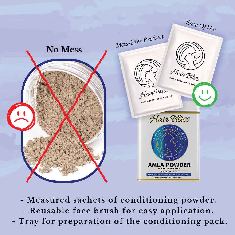 Hair Bliss- Natural Amla Gooseberry Herbal Hair & Skin Conditioning Powder- 12 Individual Sachets (10 gm each)- Reusable Brush & Tray Included